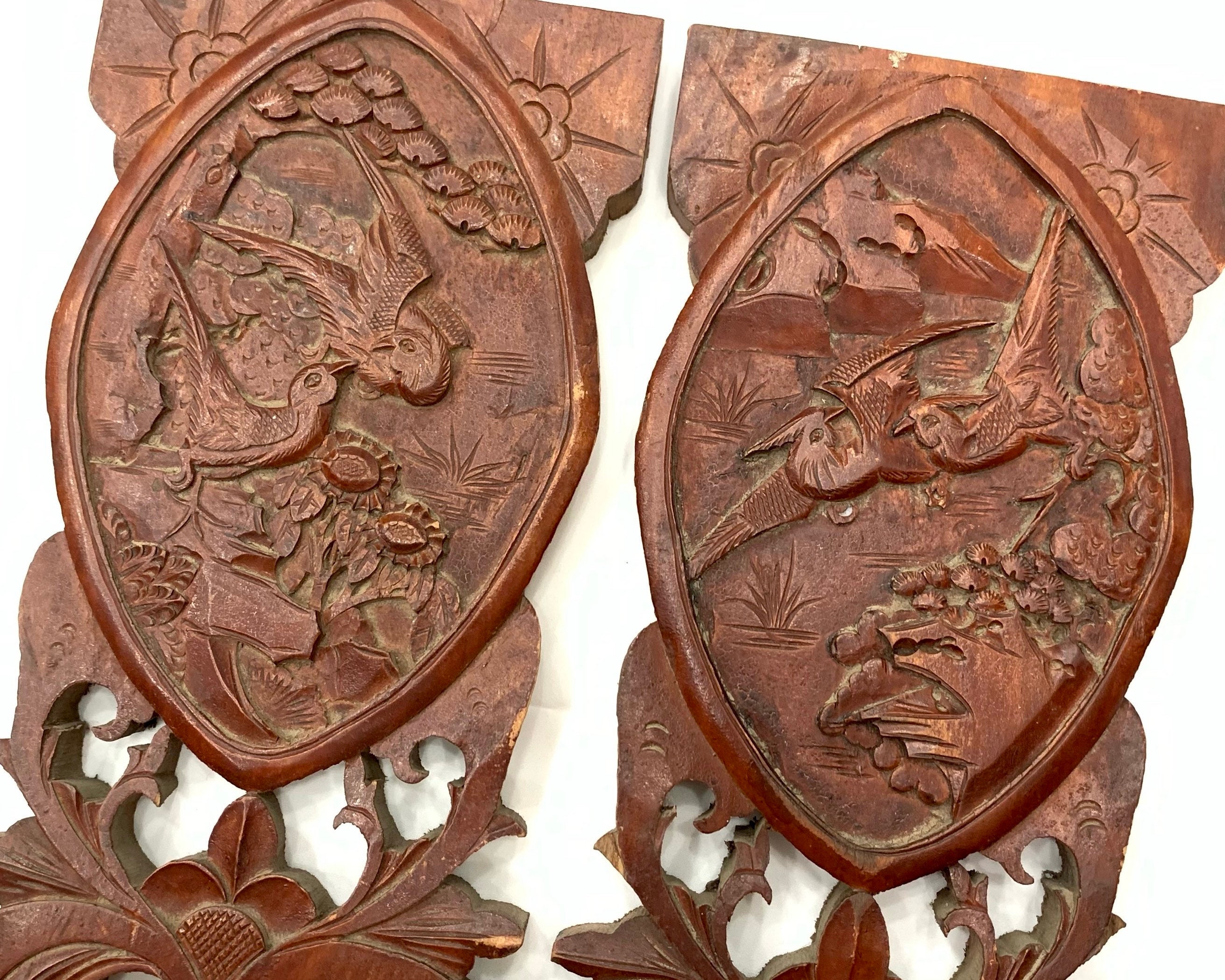 木製彫刻 パネル 2点セット タS0303◇【H40,5cm×W169,5cm】×2枚◇厚み8cm◇重厚な木彫りデザインの