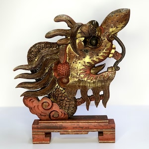 The DRAGON 鎏金龍头 Antique Chinese Wood Carved Panel Home Ornament Table Decor One of a kind Collectible Antique Wooden Sculpture