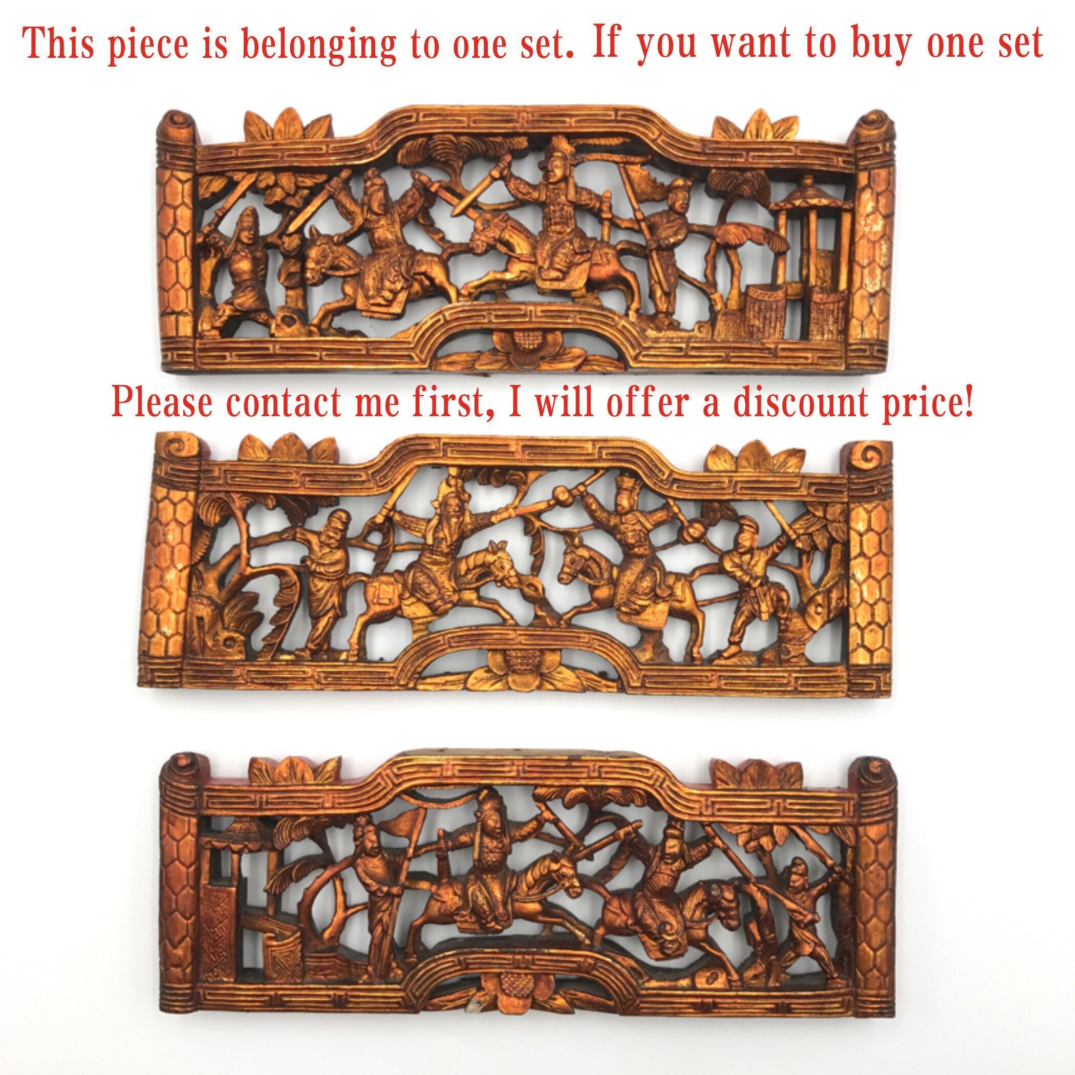 中国のアンティーク木彫パネル：戦闘シーンのアートワーク、1910年代