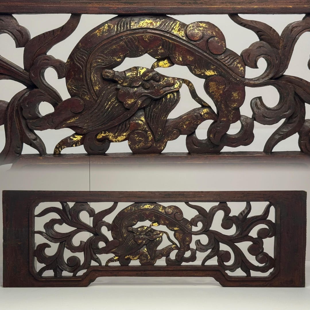 Chinese Dragon 中國龍, 1800's Antique Chinese Wood Carved Panel, 27