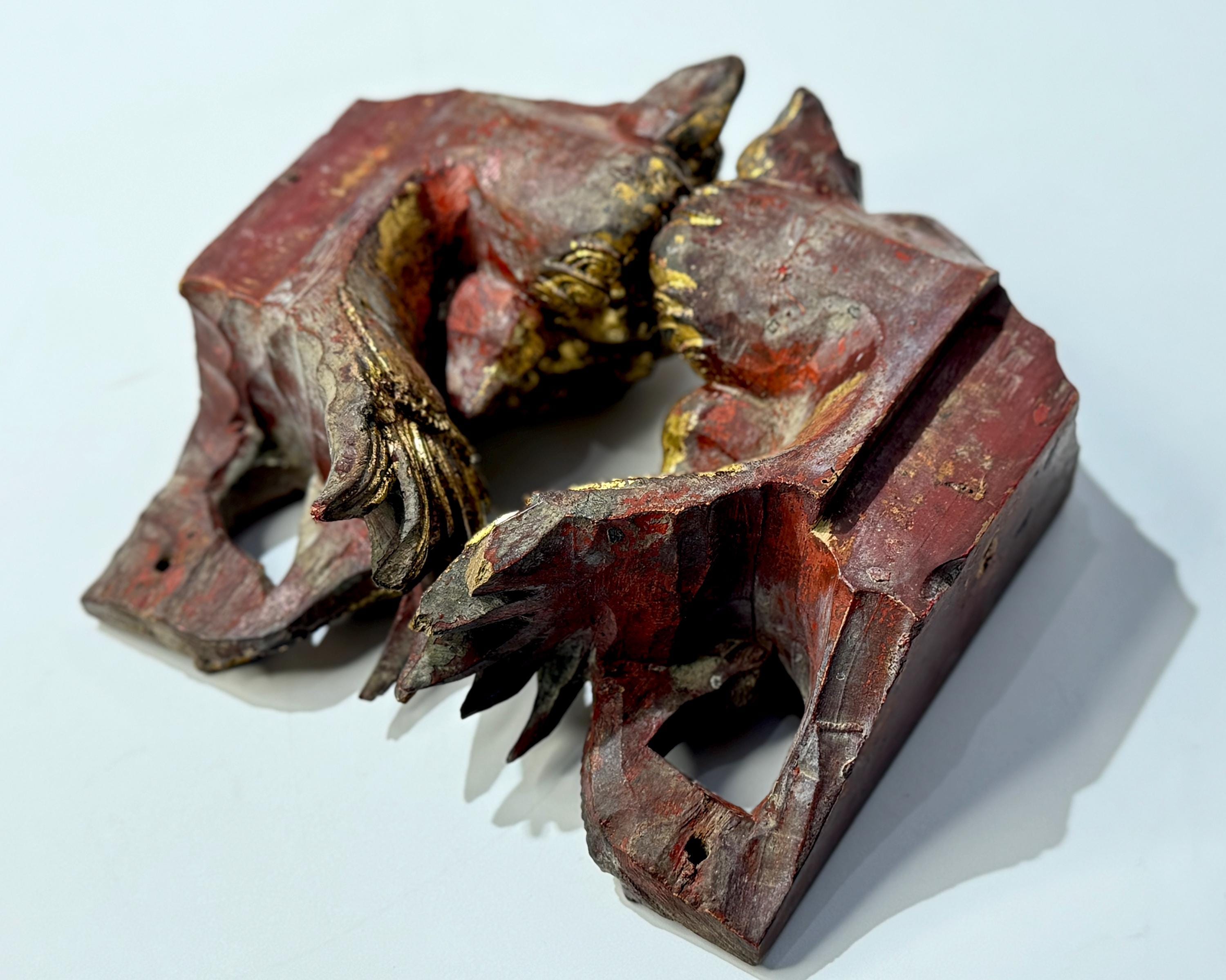 PAIR LIONS 佛龛狮子 Antique Chinese Wood Carved Lion Statues