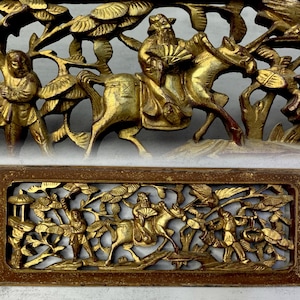 Getting Promotion Scene 升官上任 Antique Chinese Wood Carved Panel Workout Carving Gold Gilding Home Decor Wall Hanging Decor