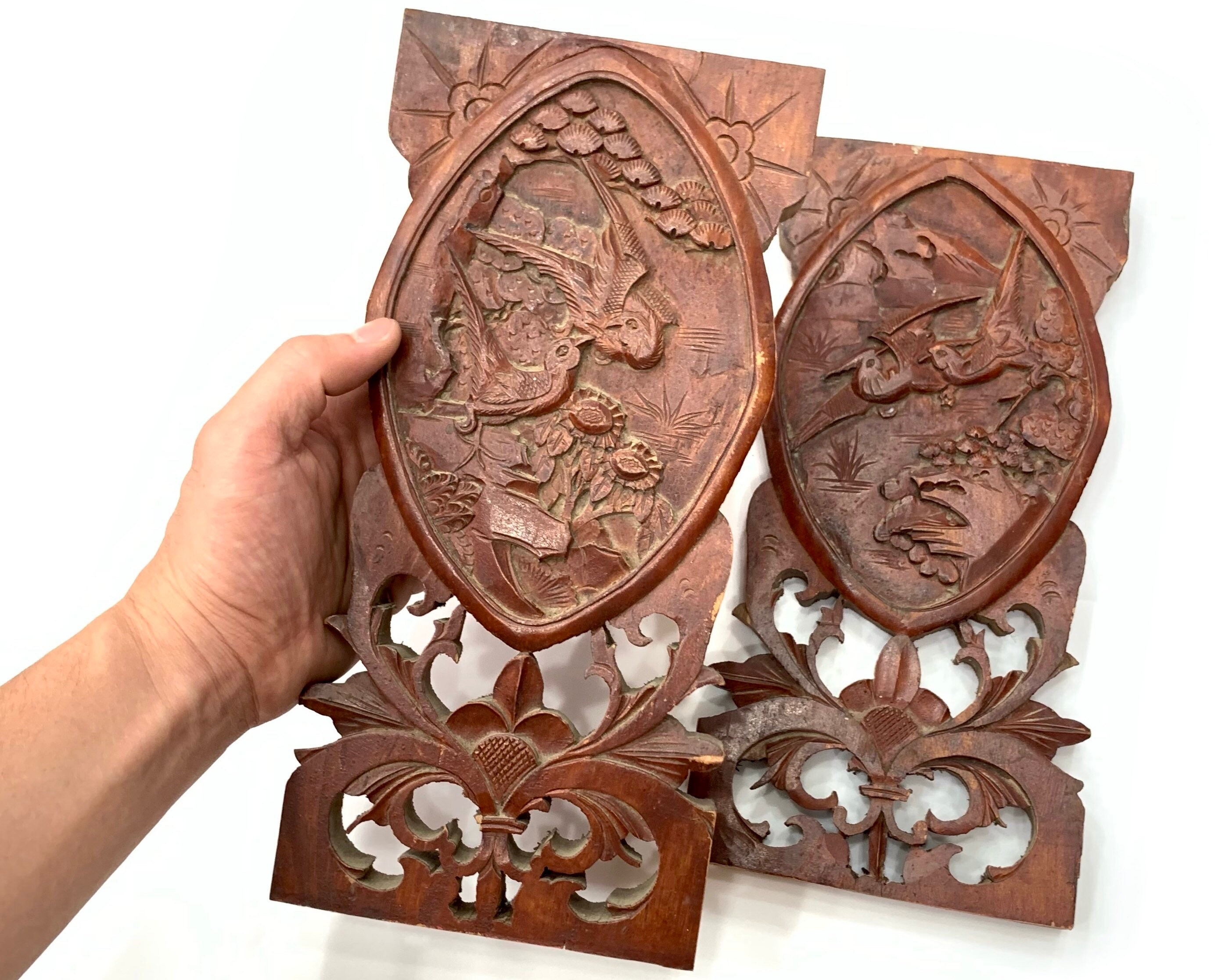木製彫刻 パネル 2点セット タS0303◇【H40,5cm×W169,5cm】×2枚◇厚み8cm◇重厚な木彫りデザインの
