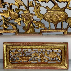 Antique Chinese Wood Carved Panel 博古通今 Workout Carving Gold Gilding Home Decor Wall Hanging Decor