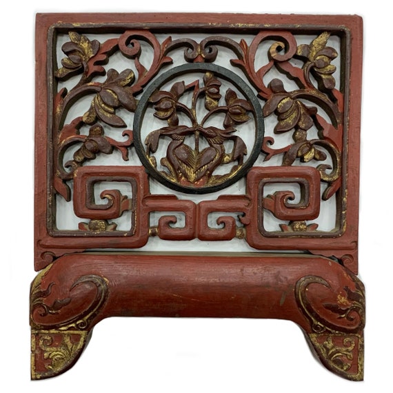 古い中国木彫り蓮壁掛け骨董アンティーク