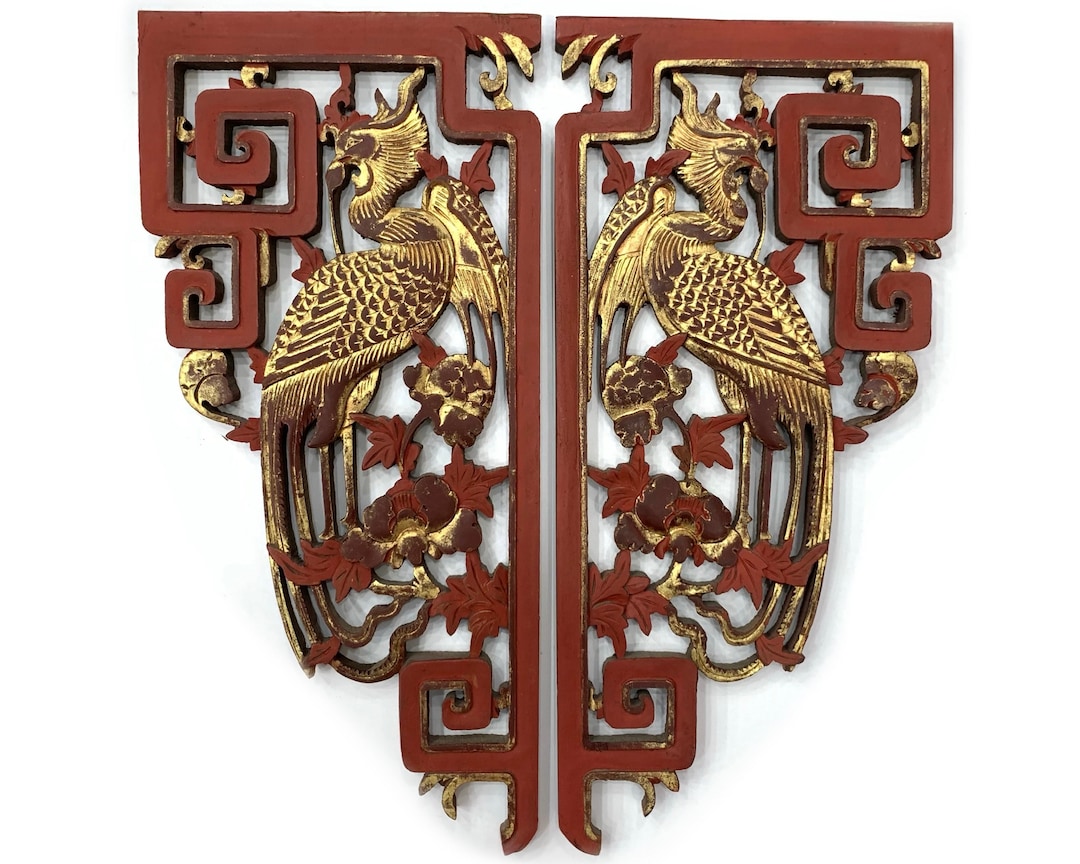 Golden Phoenix Antique Chinese Wood Carved Panels One of A Kind