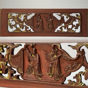 Antique Chinese Wood Carved Panel 持笙 Early 20th Century Wood Carved Wall Hanging Decor