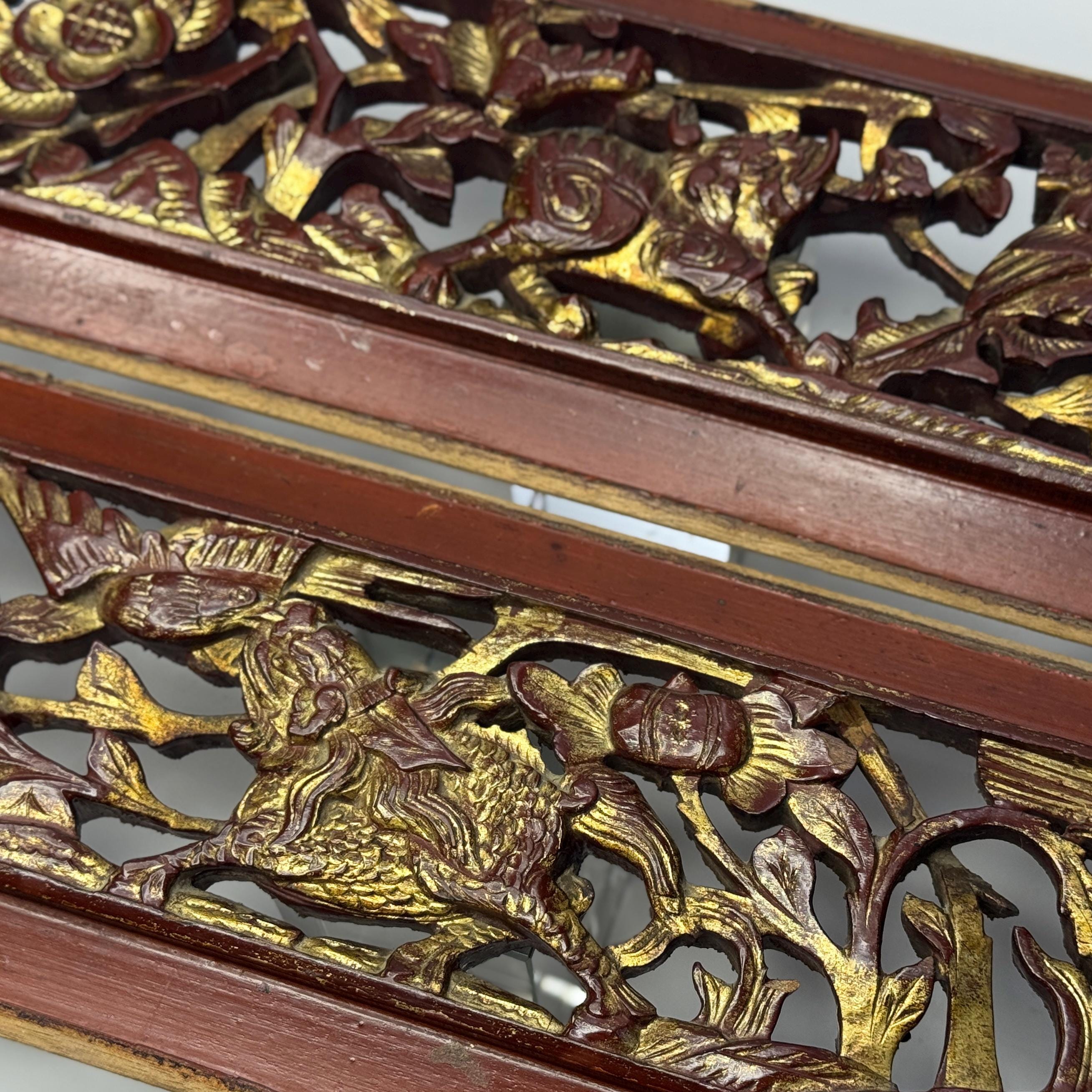 Guilded Design Antique Chinese Carved Wood Panels: Gilded Qilin and Elephant, Wall ...