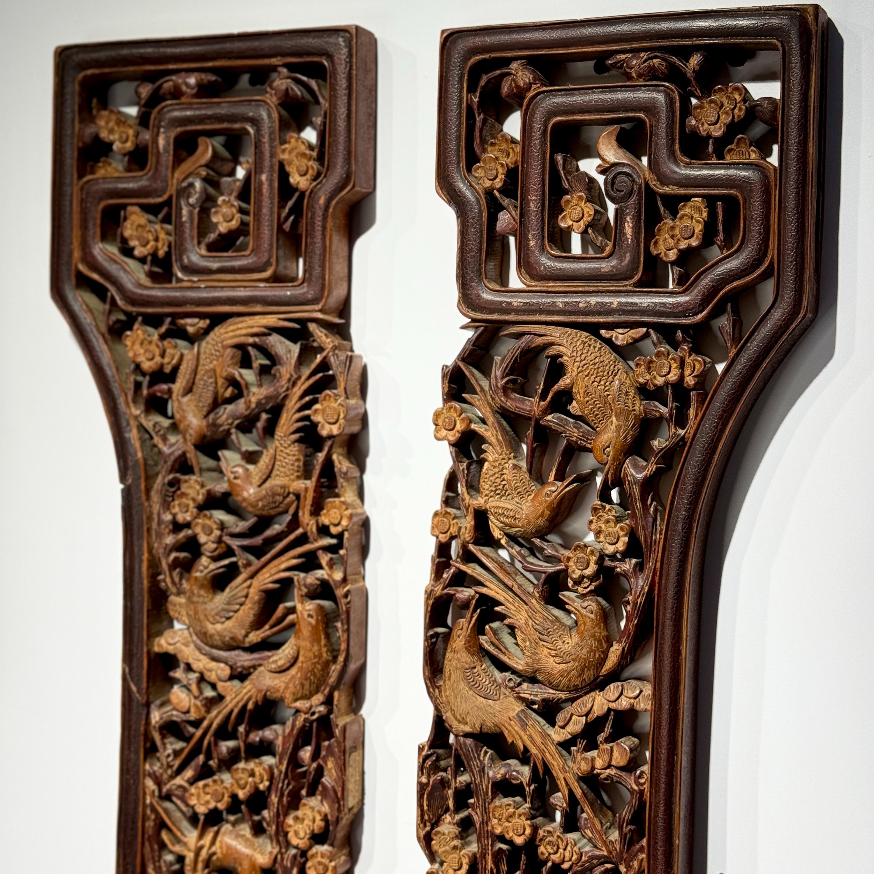 Birds and Plum Blossom 鹊鹿冬梅 PAIR Antique Chinese Wood Carved