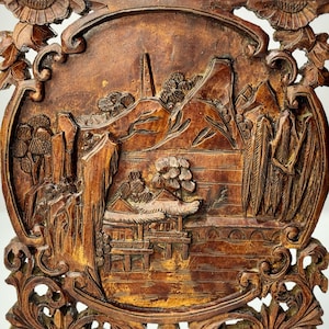 ONE Wood Carving 山水楼阁 Antique Chinese Handmade Wooden Panels 1930s Furniture Wood Work Home Decor