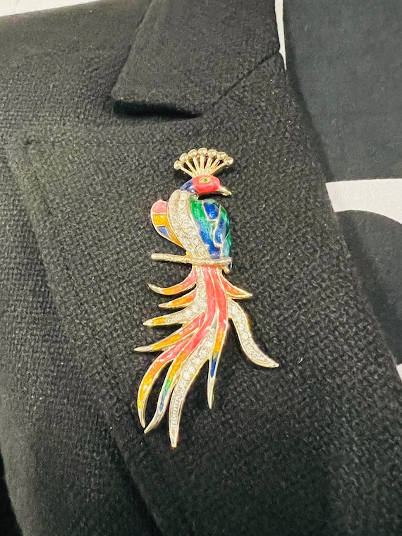 Vintage Rhinestone & Enamel Peacock Brooch - image 1