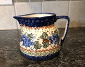 4 3 4 quot Polish Pottery Pitcher, made in Poland, hand painted, beautiful Blues, greens and Yellow, 4 3 4 quot tall x 4 1 2 quot base