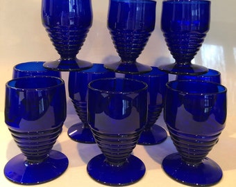 10 Moderntone Hazel Atlas Cobolt Blue Juice Glasses, 3 1/2" tall and hold 3 ounces each, very nice set