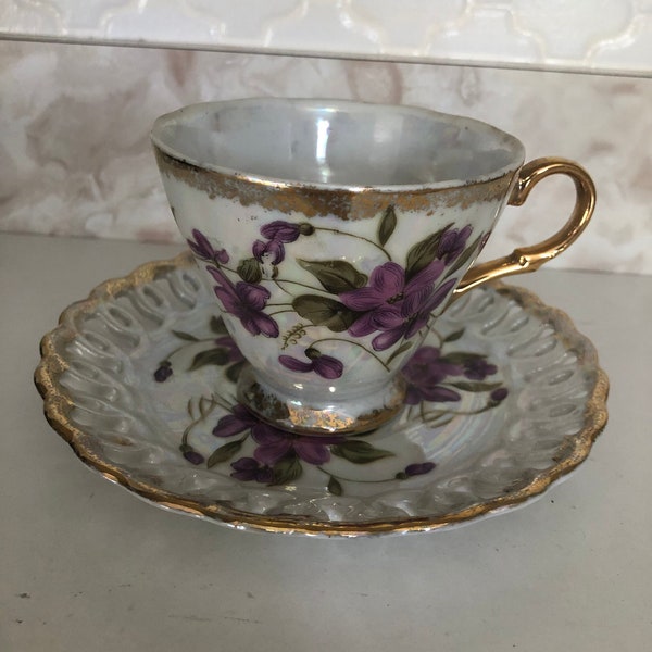 Royal Sealy Tea Cup and Saucer, violet flowers and gold trim