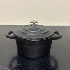 May include: A small, round, black cast iron Dutch oven with two side handles and a matching lid. The lid features a concentric circular design and a central, cylindrical silver-colored metal knob. The pot has a textured, matte black finish.
