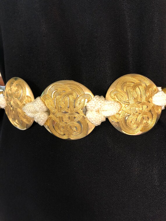 Gold Medallion and White Rope Belt, 30" long, 3 gold … Gem