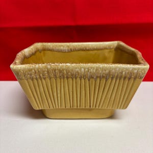 Könnte beinhalten: Ein rechteckiger Vintage-Keramik-Blumentopf in Beige- und Brauntönen. Der Pflanztopf hat eine strukturierte, gerippte Außenseite und einen dekorativen Rand. Der Innenraum ist dunkler braun. Der Pflanztopf ist ein dekorativer Gegenstand.