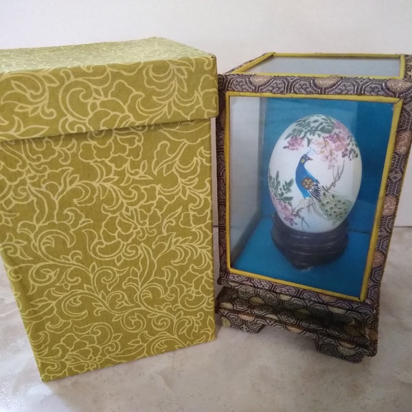 Vintage hand painted Chinese egg, in silk covered glass case, on black lacquered stand, with original box, peacock, wisterias, dainty pretty