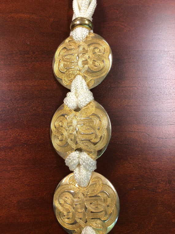 Gold Medallion and White Rope Belt, 30" long, 3 gold … Gem
