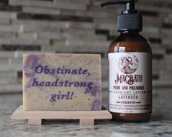 Pride and Prejudice Gift Set: Lavender Goat Milk Soap, Lotion & Oak Soap Dish
