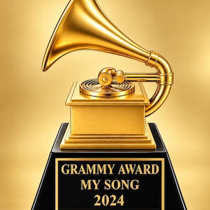 May include: A gold-colored Grammy Award trophy featuring a classic gramophone design on a square base. The trophy sits atop a black, trapezoidal pedestal with a gold-bordered plaque that reads: GRAMMY AWARD, MY SONG, 2024 in gold lettering.