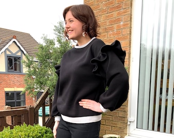 Ladies Ruffle Jumper Sewing Pattern, Frill Sweatshirt (PDF Pattern)