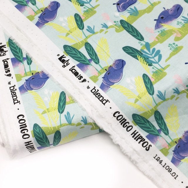 Novelty Quilting fabric, Hippo Cotton Fabric, Aqua Congo River