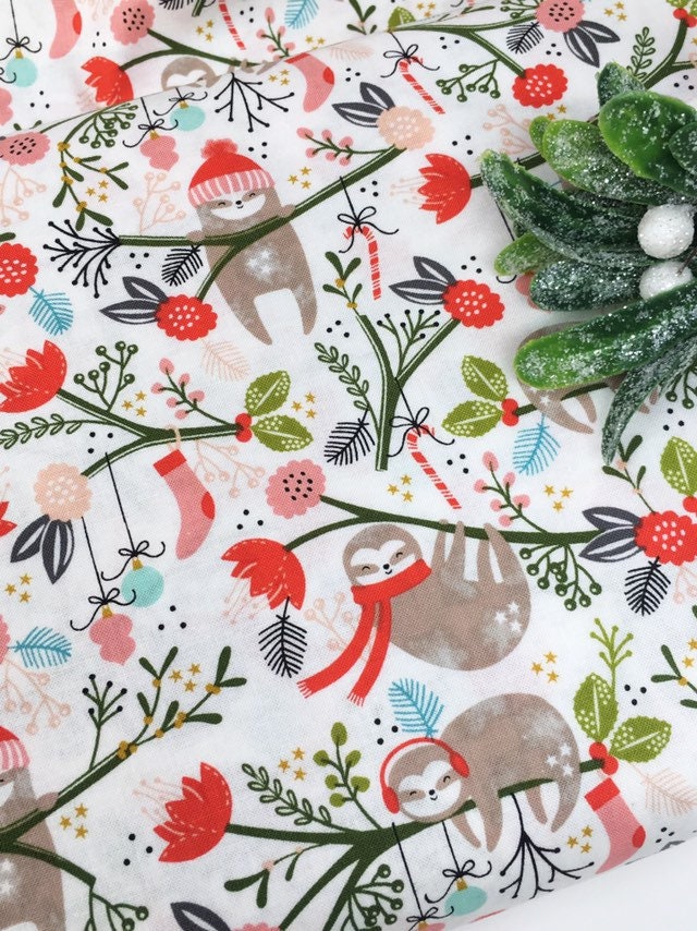 LAST PIECE LEFT Sloth Fabric By The Metre Christmas Holiday Fabric
