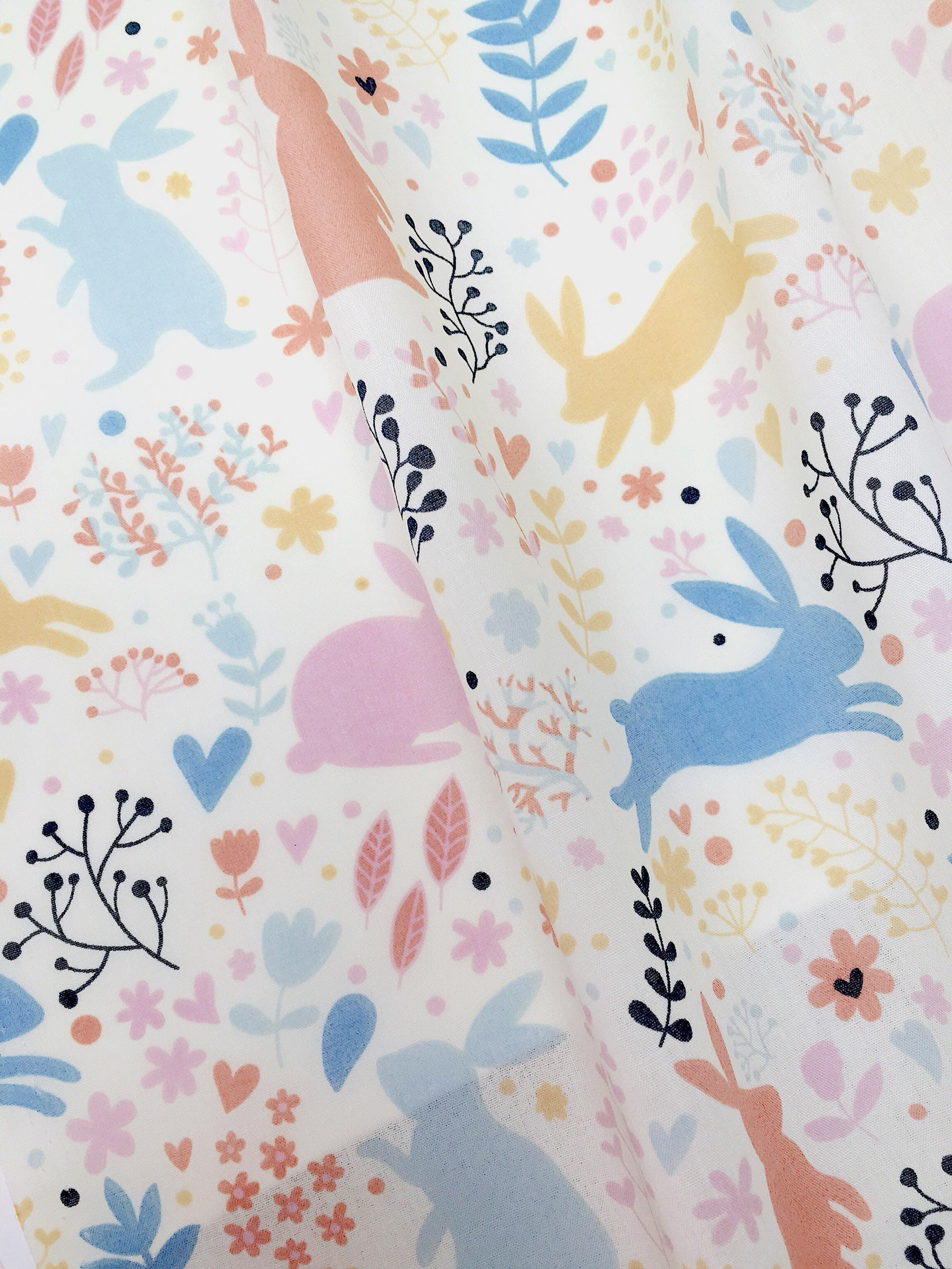 Woodland forest fabric Rabbit printed cotton fabric Spring Easter