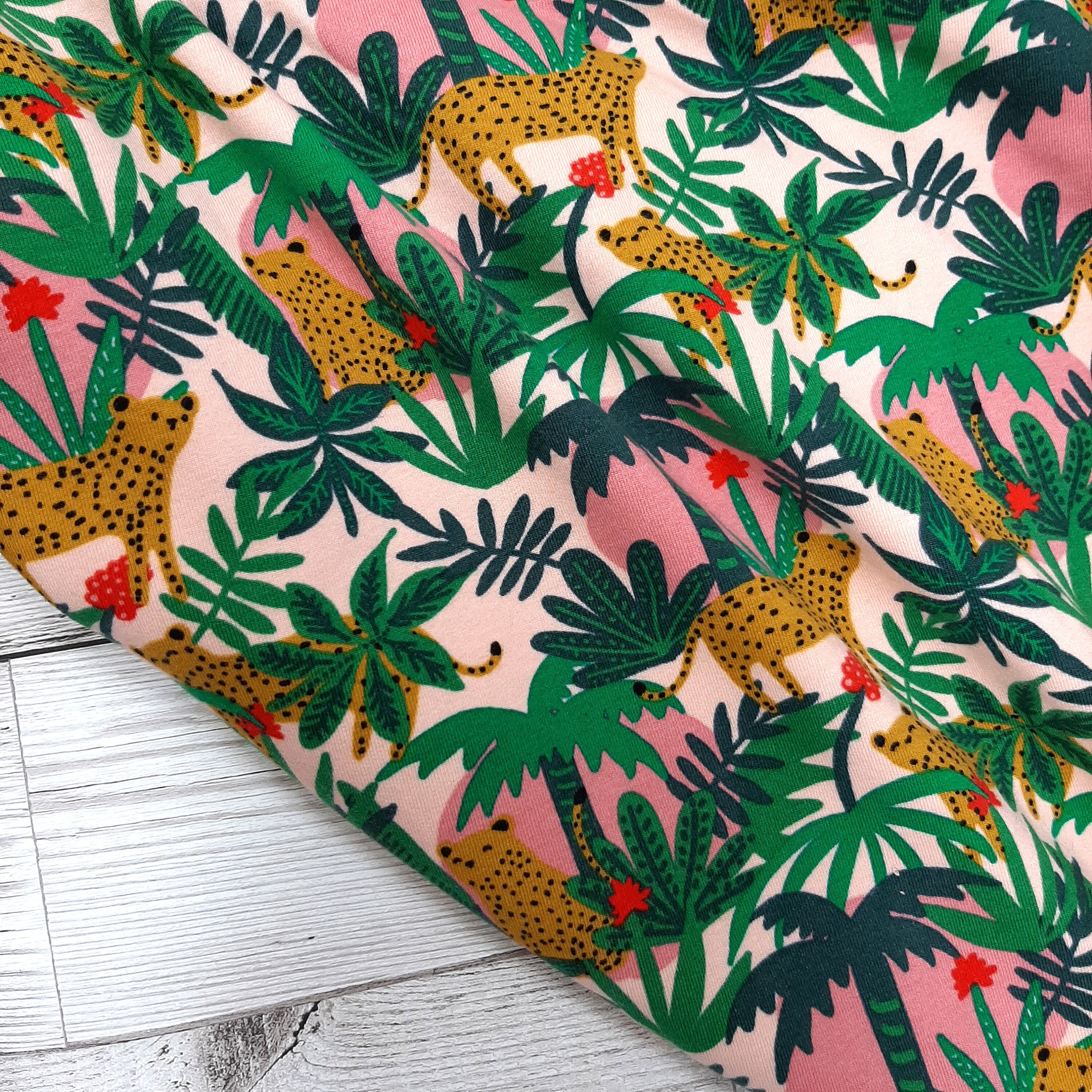 Organic leopard print jersey sweatshirt fabric GOTS Animal print