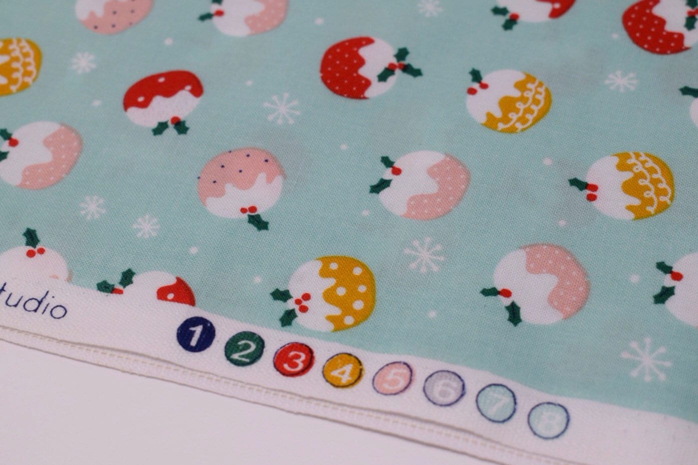 DASHWOOD STUDIO FESTIVE FRIENDS CHISTMAS PUDDINGS ON AQUA 100/% COTTON FEST1173