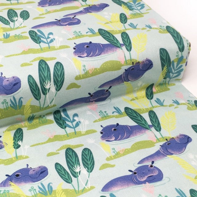 Novelty Quilting fabric - Hippo Cotton Fabric - Aqua Congo River