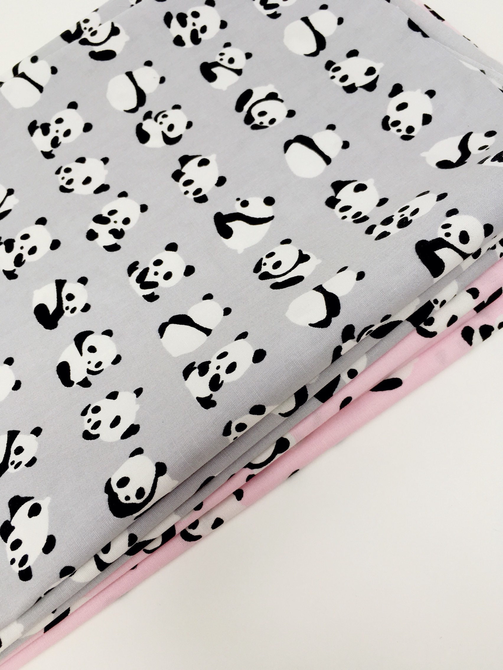 Panda print fabric Pink panda fabric Grey panda cotton Grey and