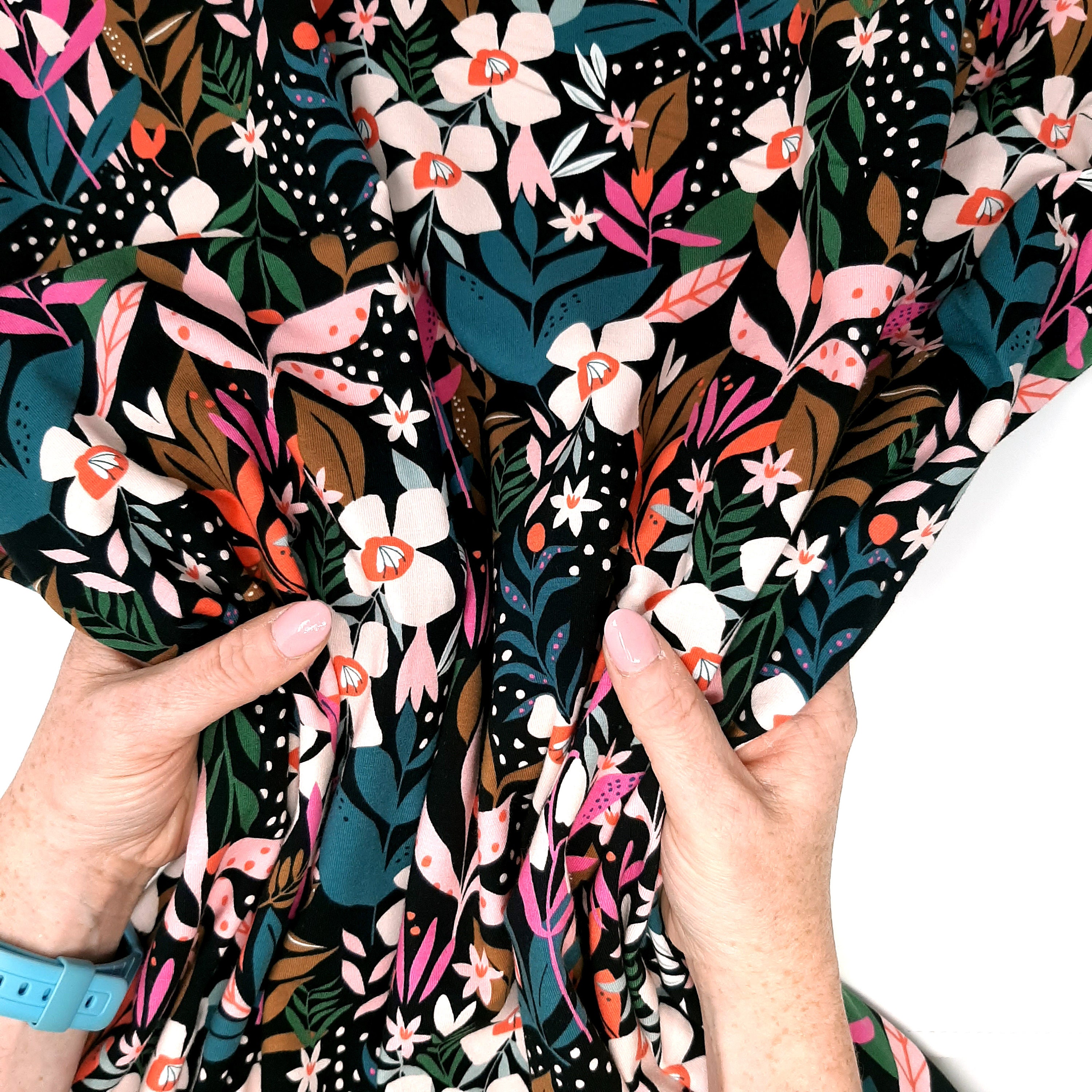 Floral jersey fabric by the yard, Cotton lycra jersey knit, Modern