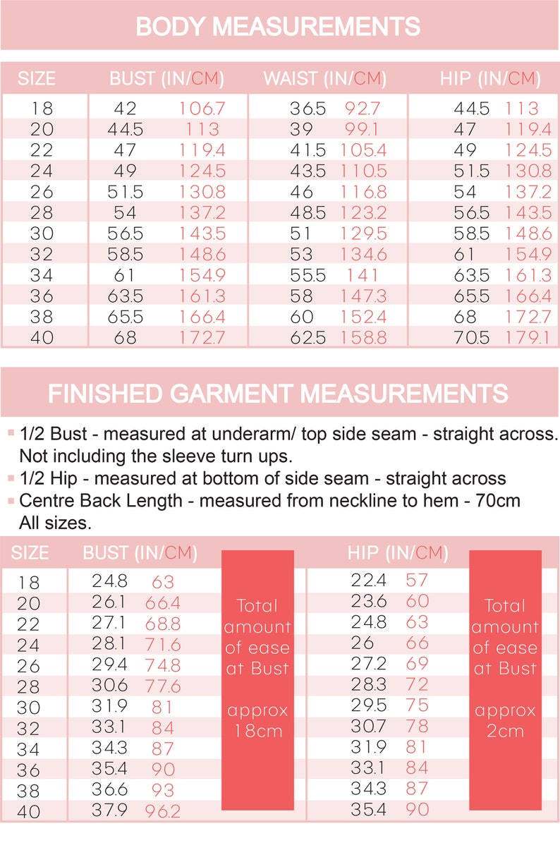 May include: A chart with body measurements in inches and centimeters for sizes 18 to 40. The chart includes bust, waist, and hip measurements. A second chart shows finished garment measurements in inches and centimeters for sizes 18 to 40. The chart includes bust and hip measurements.