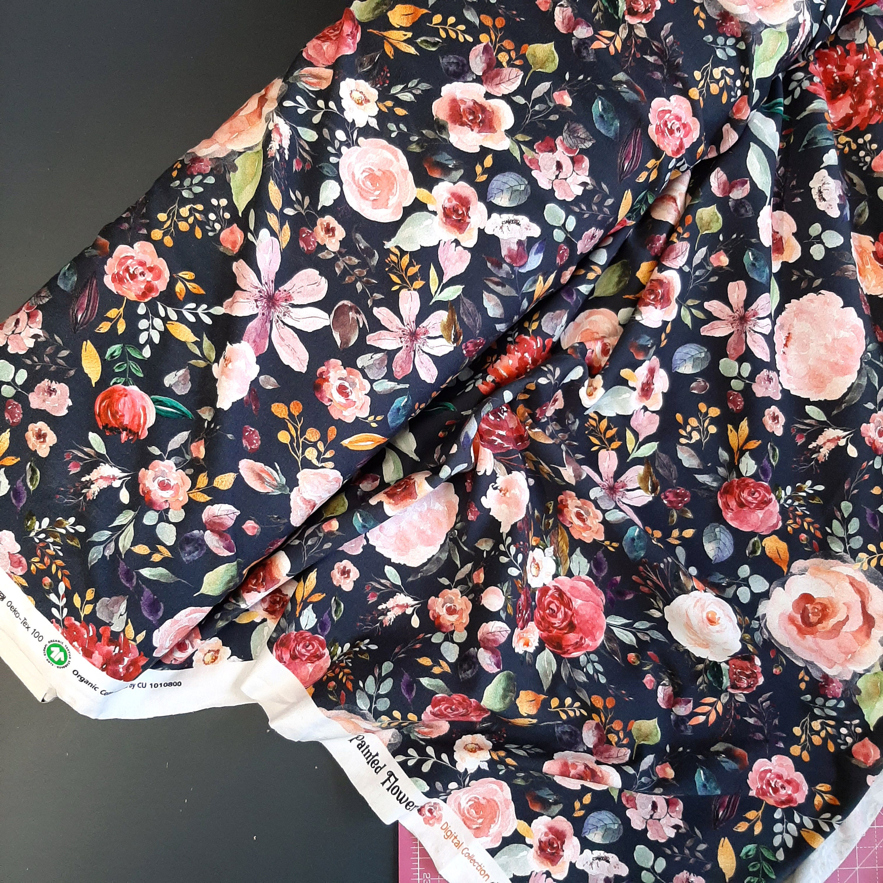 Organic floral printed jersey, Painted floral cotton elastane jersey knit fabric, Watercolour