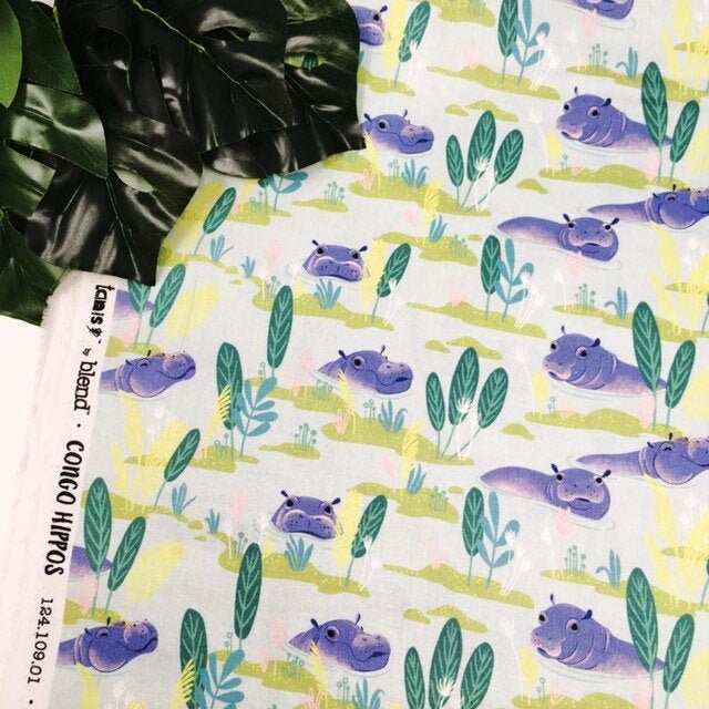 Novelty Quilting fabric, Hippo Cotton Fabric, Aqua Congo River