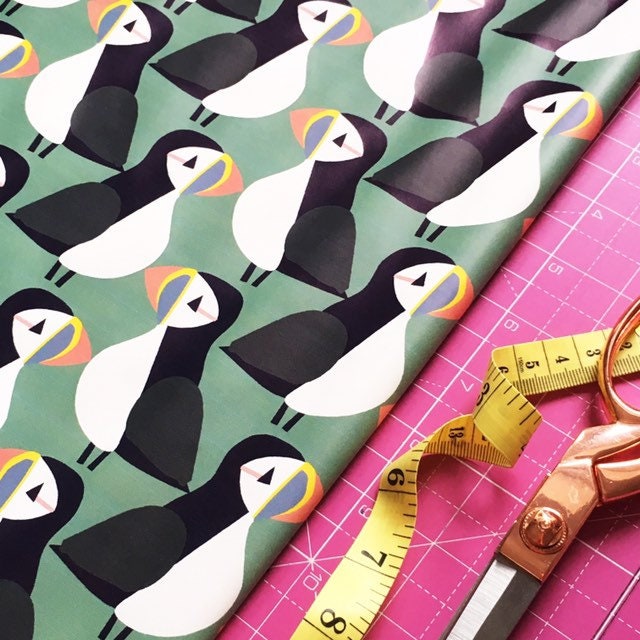 Puffin Raincoat fabric Green Puffin waterproof fabric for raincoats
