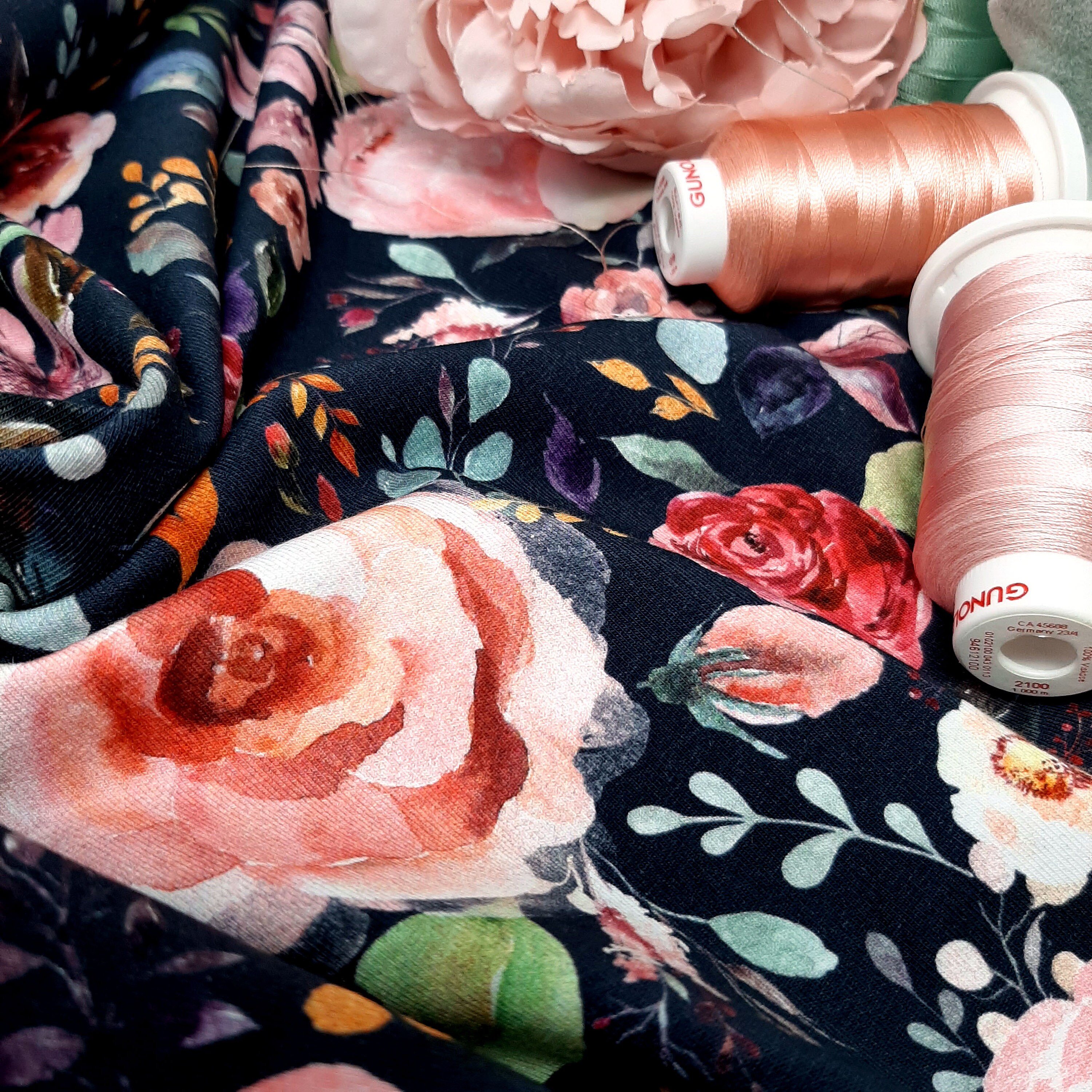 Organic floral printed jersey fabric by the metre, Painted floral