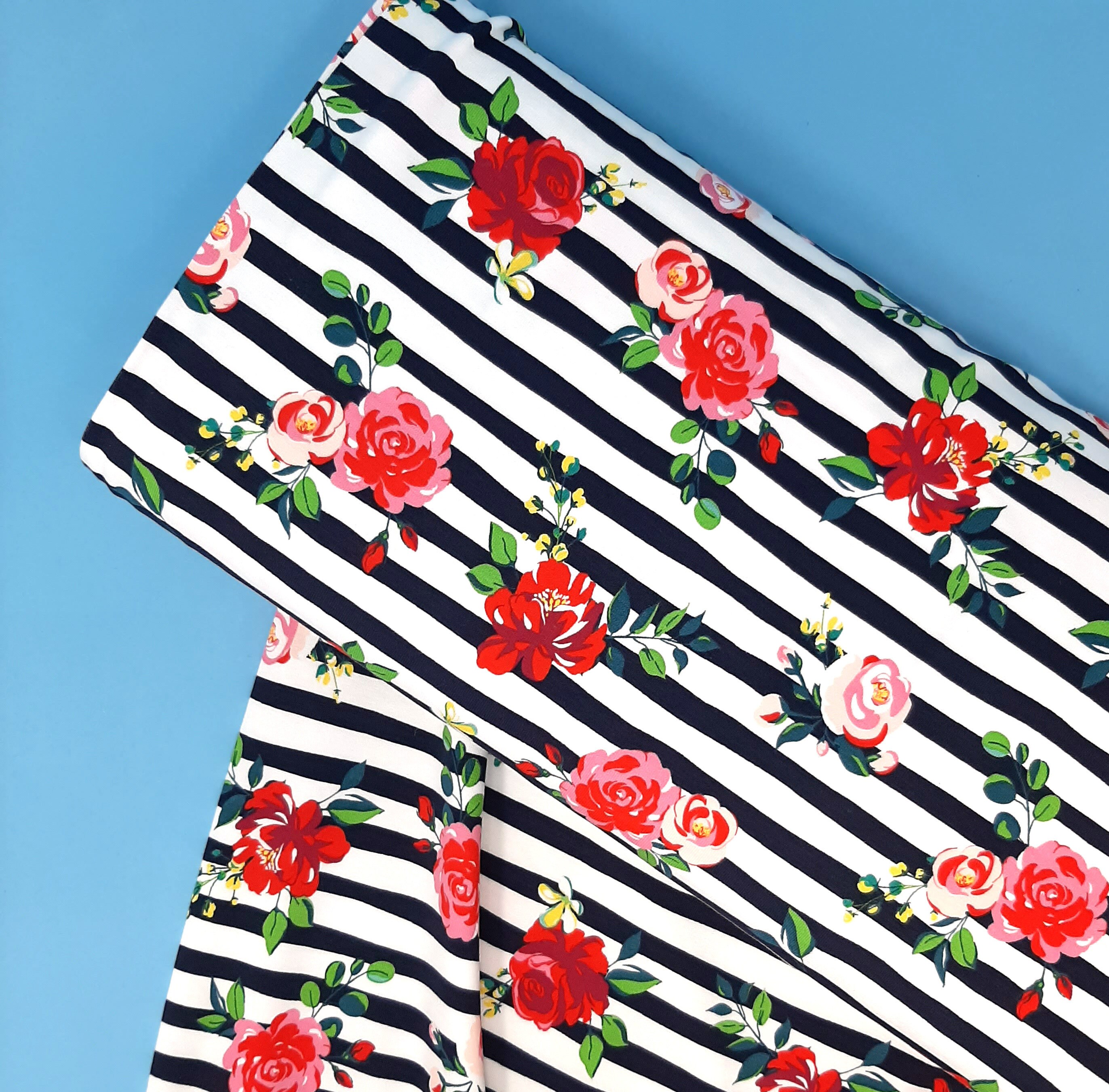 Striped cotton spandex jersey knit fabric, Floral stretch fabric for t