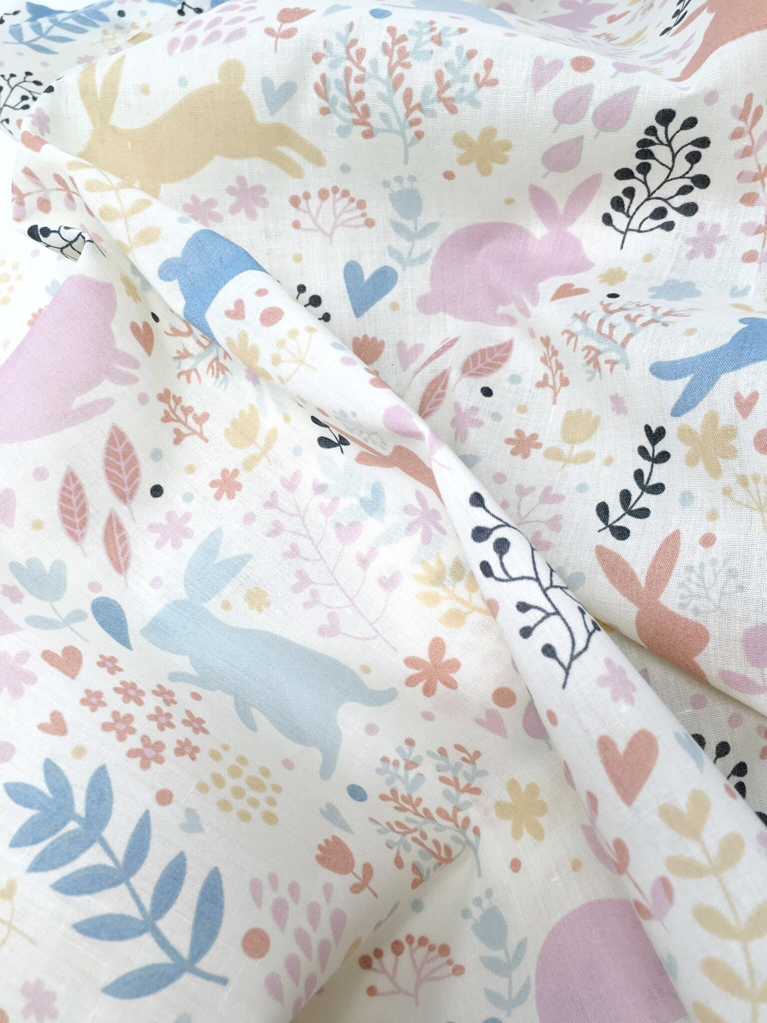 Woodland forest fabric Rabbit printed cotton fabric Spring Easter
