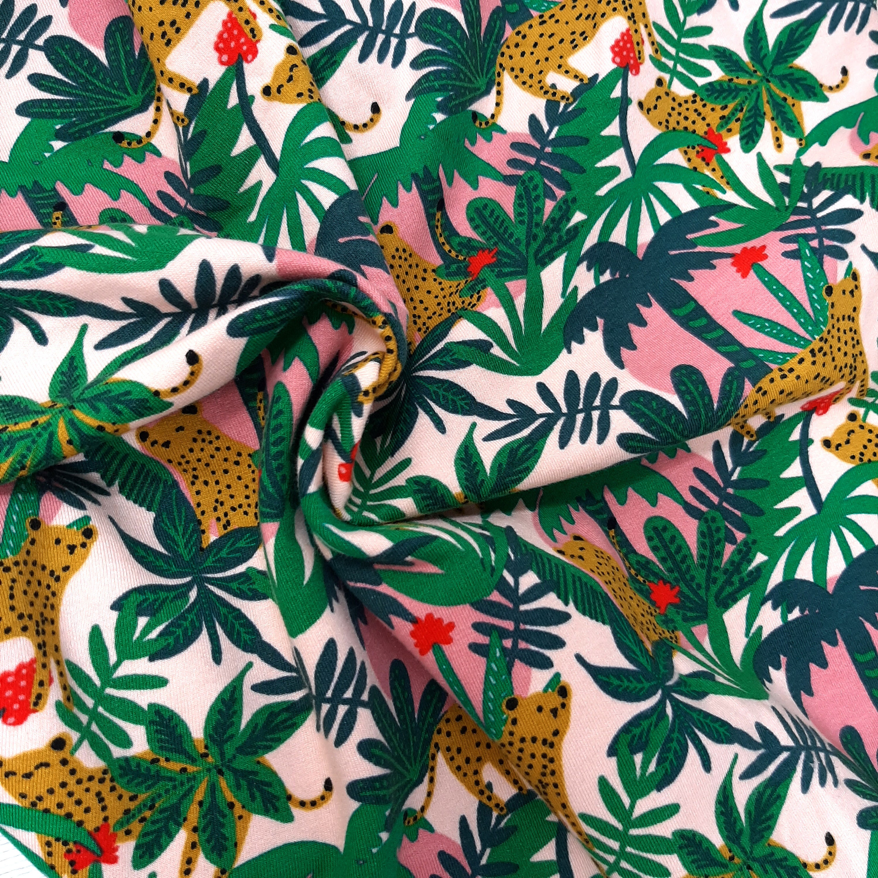 Organic leopard print jersey sweatshirt fabric GOTS Animal print