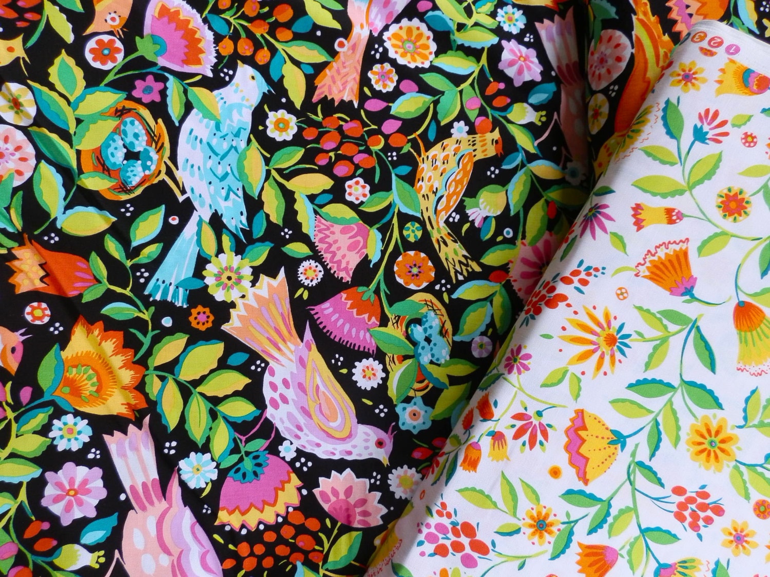 FREE SHIPPING, Michael Miller fabric, bird print, folk birds cotton, printed cotton, michael