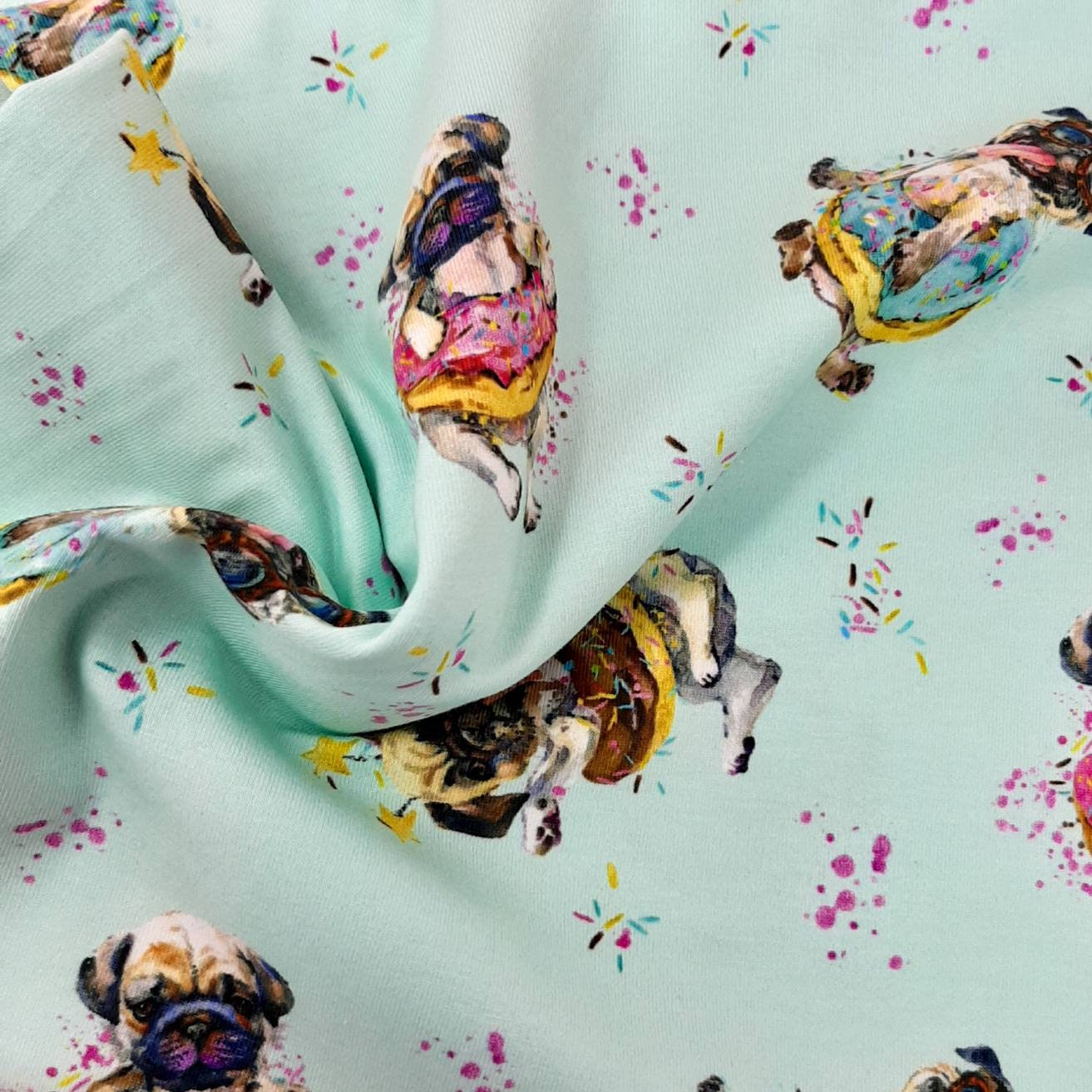 Pug digital print cotton jersey knit fabric Pug lover donut printed