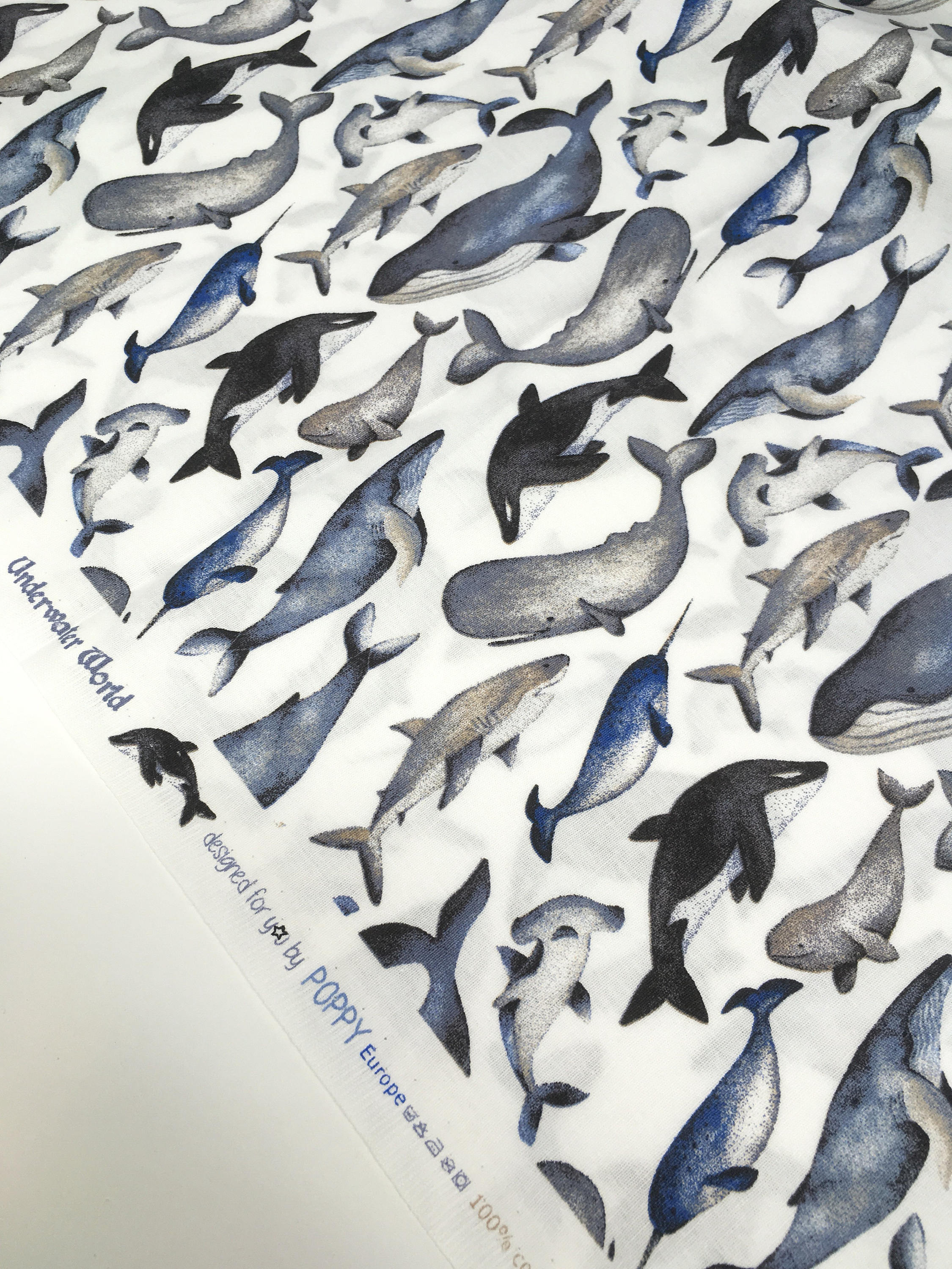 Whale print cotton, shark print cotton, hammerhead shark, Studio Jepson