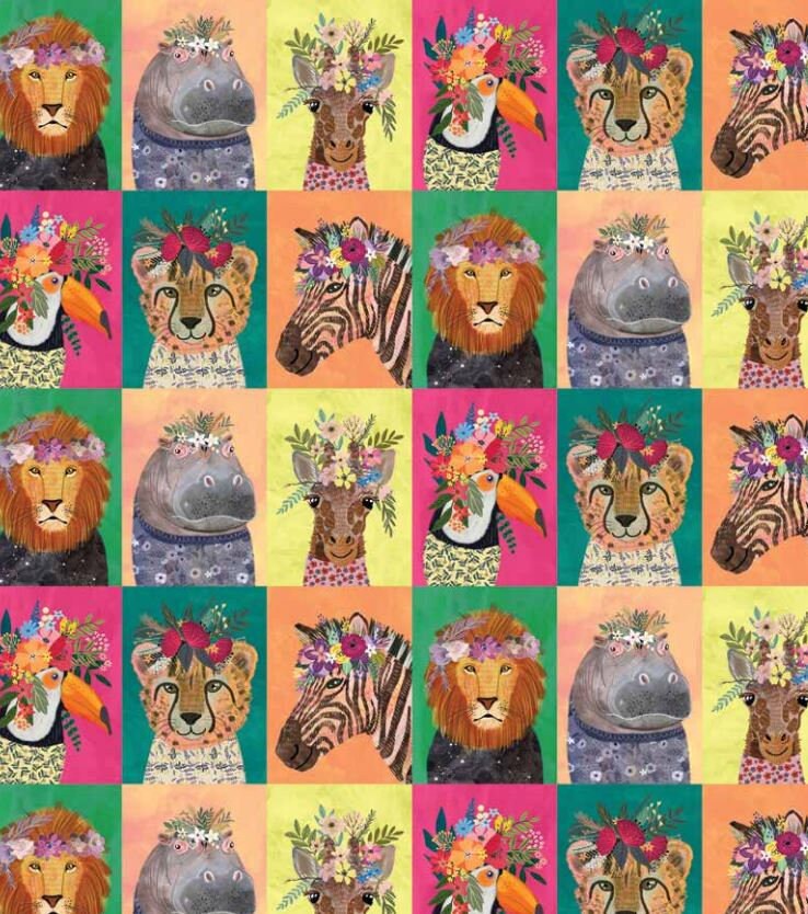 Quilt panels Wildflowers painted jungle animal printed cotton fabric