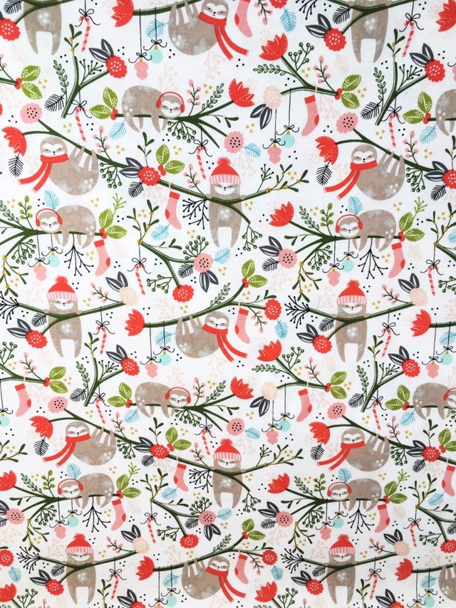 LAST PIECE LEFT Sloth Fabric By The Metre Christmas Holiday Fabric