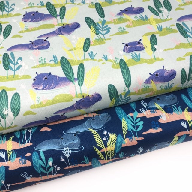 Novelty Quilting fabric - Hippo Cotton Fabric - Aqua Congo River