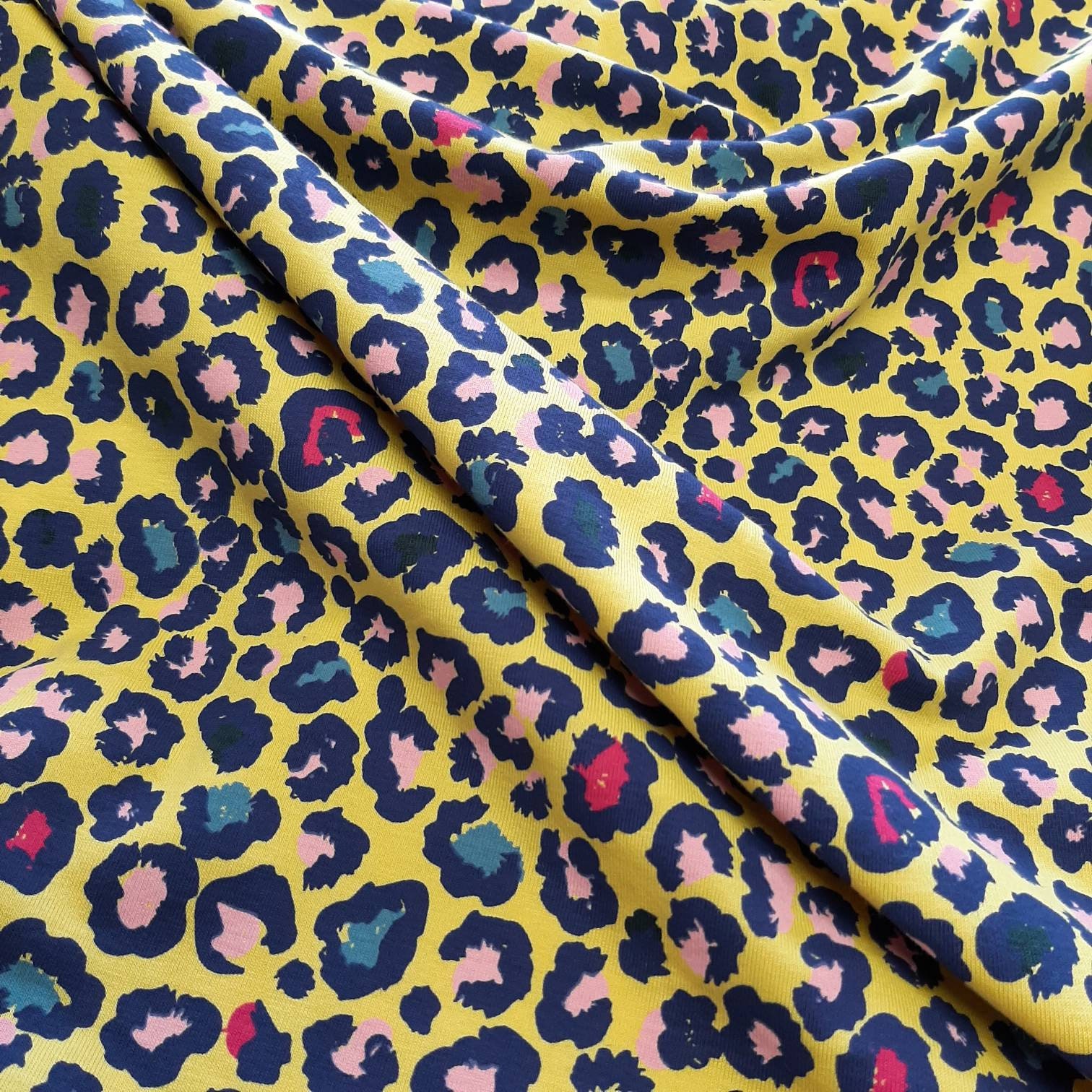 Leopard yellow jersey knit fabric - Stretch jersey fabric by half metre ...