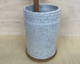 Pottery kitchen utensil holder, speckled kitchen crock, white speckled pottery, ceramic kitchen utensil holder, pottery crock